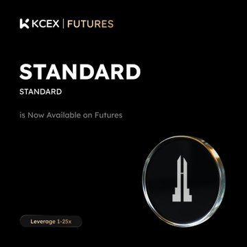 An announcement from KCEX Futures stating that 'STANDARD is Now Available on Futures' with leverage options of 1-25x, featuring a dark design with a circular golden emblem.