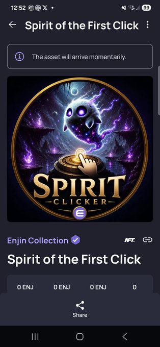 A mobile screen showing an NFT collection page for 'Spirit Clicker' titled 'Spirit of the First Click' by Enjin Collection, featuring artwork of a glowing ghost-like creature above a treasure chest.