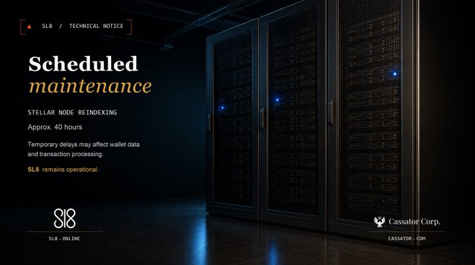 The image is a technical notice from $SI8 announcing scheduled maintenance for "Stellar Node Reindexing" lasting approximately 40 hours, noting that SL8 remains operational despite temporary wallet/transaction delays.

In context, the image serves as a timely operational update for $SI8 stakeholders, reminding them that even though staking rewards (with APYs ranging from 28% to 62% across different lock-up tiers) compound automatically each week, the underlying infrastructure requires maintenance windows—meaning lock-up periods and system downtime remain non-negotiable regardless of how attractive the returns appear.