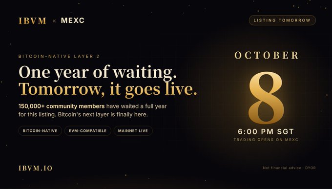 A sleek black-and-gold promotional banner announces the IBVM × MEXC listing event on October 8 at 6:00 PM SGT, declaring "One year of waiting. Tomorrow, it goes live." alongside the ticker "1BVM.IO," highlighting IBVM as a Bitcoin-native Layer 2 with a mainnet already live and emphasizing the long-awaited 150,000+ community milestone.