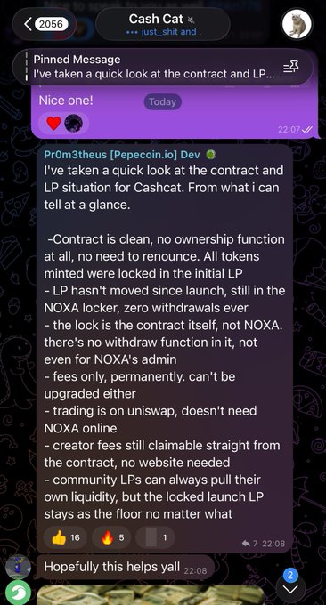 A Telegram message from "Cash Cat" group features a pinned message and detailed analysis by Pr0m3theus (Pepecoin.io Dev) confirming the Cashcat contract is safe, with no ownership function, locked initial LP, and zero withdraw functions. This aligns with the post's emphasis on the credibility of Pr0m3theus, a veteran EVM developer, endorsing the safety of the $Cashcat token.