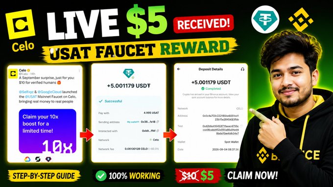 The image is a YouTube thumbnail promoting a "LIVE $5 USAT FAUCET REWARD" guide, showing screenshots of a Celo verification process, a successful +5.001179 USDT deposit, and a young man pointing to the steps. It visually supports the post's instructions for claiming a free $5 USAT reward using the Self App for identity verification on the Celo network.
