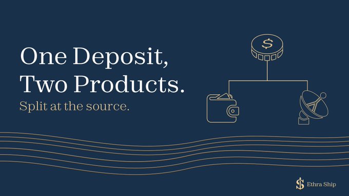 A dark blue promotional graphic reads 'One Deposit, Two Products. Split at the source.' alongside line illustrations of a coin splitting into a wallet and a satellite dish, branded with 'Zehra Ship' at the bottom right.