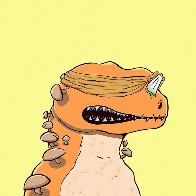A digital illustration of an orange dinosaur-like creature with sharp teeth, mushrooms growing on its back, a blonde swept hairstyle, and a can stuck in its head.