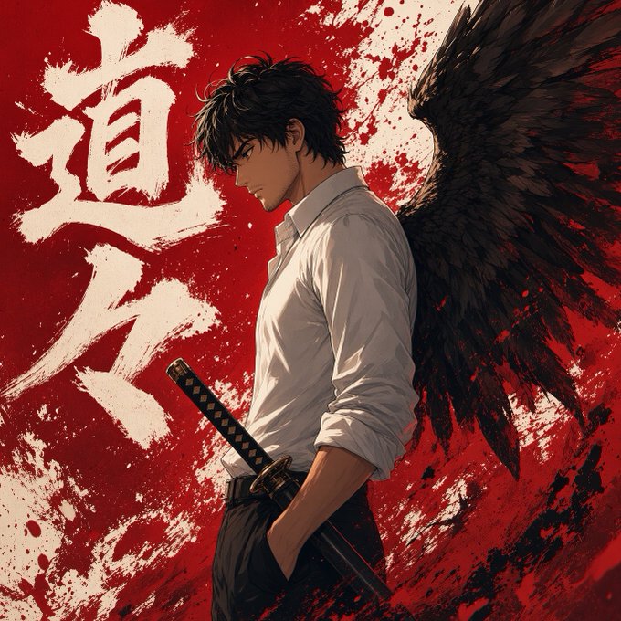 Anime-style artwork of a dark-haired man in a white shirt with a katana at his waist and black wings behind him, set against a red background with large Japanese calligraphy.