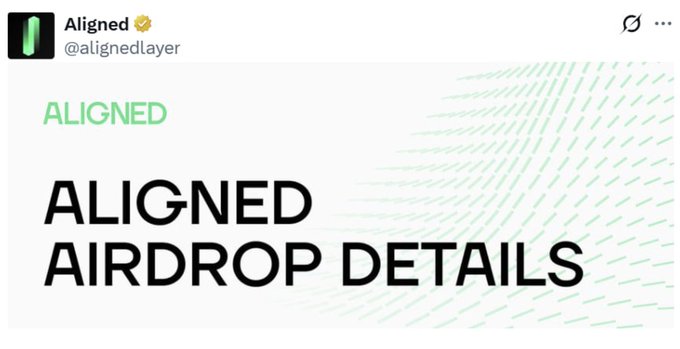 A promotional graphic displays the text 'ALIGNED AIRDROP DETAILS' below a green logo and the handle '@alignedlayer', set against a white background with subtle green lines.