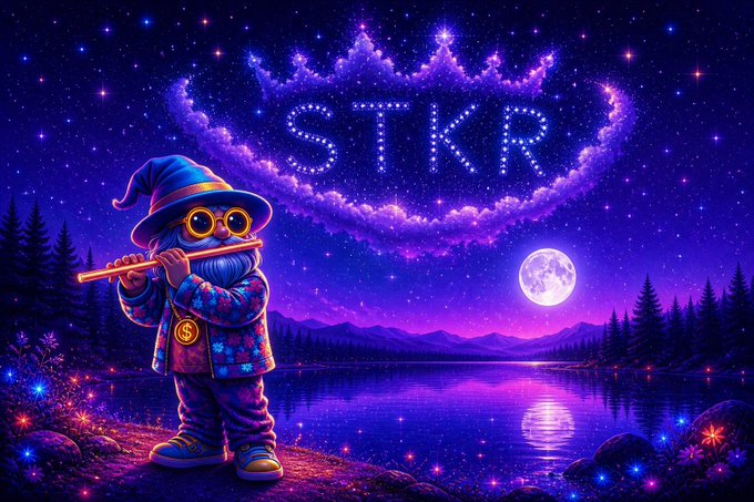 A colorful fantasy illustration shows a flute-playing wizard by a lake at night, beneath clouds forming a crown around the letters “STKR.”