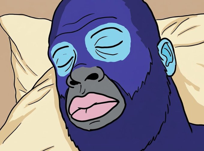 An illustration of a bored-looking purple gorilla resting its head against a cream-colored pillow with a tired expression.