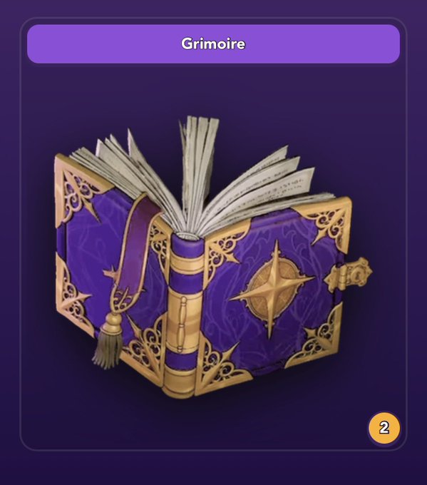 A digital card titled 'Grimoire' featuring an ornate purple and gold spellbook with a star emblem, open pages, a tasseled bookmark, and a yellow circle containing the number '2' in the bottom right corner.