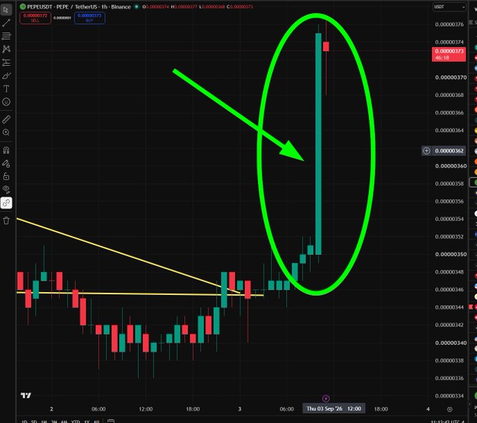 A candlestick chart for PEFE/USDT on the 1-hour Binance timeframe showing a large price spike circled in green with an arrow pointing to it.