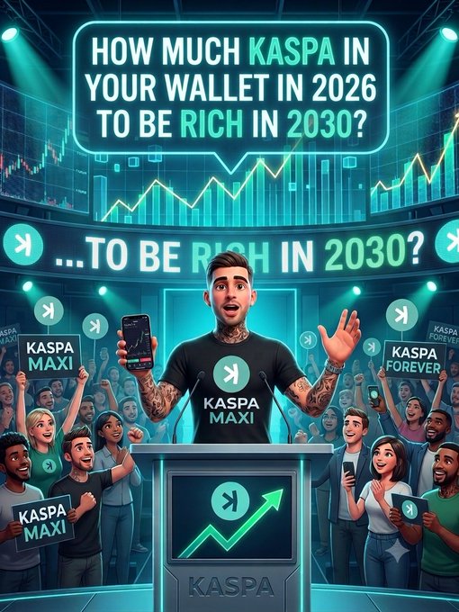 A poster featuring a group of people gathered around a man standing at a podium, holding up an iPhone with a smile on his face. The image has a green and blue color scheme, creating an impressionistic effect. The text displayed on the poster encourages viewers to consider joining the "KASPAMaxi" company's meeting in 2035 for more information.
