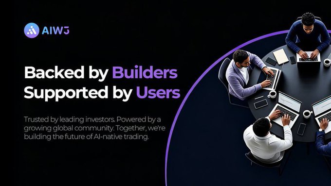 The image is a promotional banner for **AIW3** featuring the logo and tagline "Backed by Builders, Supported by Users," alongside an overhead view of professionals collaborating around a table with laptops. The accompanying text highlights the platform's $AIW3 airdrop and its ambition to build a multi-agent AI system for market analysis, risk management, strategy generation, and trade execution—aligning with the image's theme of trusted, community-driven innovation in AI-native trading.