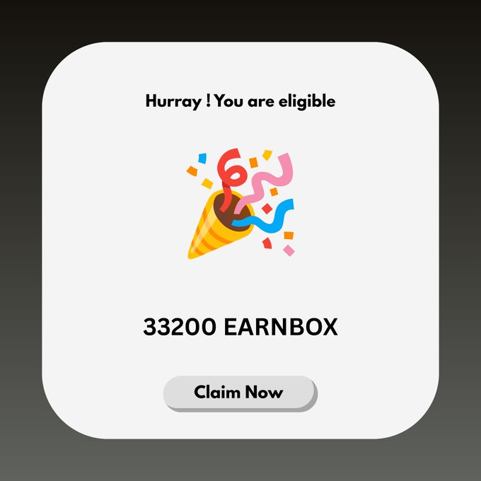 The image is a promotional pop-up announcing "Hurray! You are eligible" to claim 33200 EARNBOX tokens, featuring a festive party popper illustration and a "Claim Now" button. This aligns with the post soliciting Solana addresses for an airdrop, where users would input their wallet to receive the promised EARNBOX tokens.