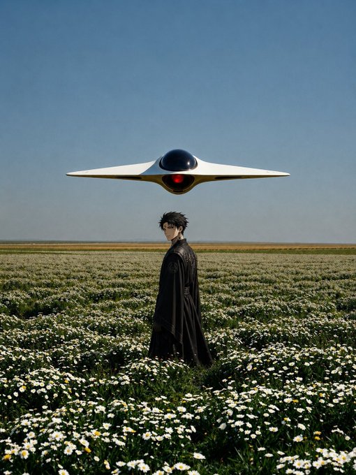A figure in a long black coat stands in a field of white daisies beneath a hovering white and black UFO-like craft in a clear blue sky.
