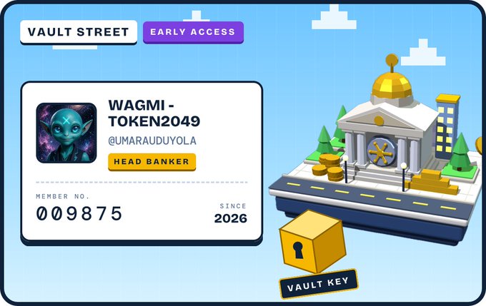 A 'VAULT STREET' early access digital membership card for user '@UMARAUDUYOLA' titled 'WAGMI - TOKEN2049', marked as 'HEAD BANKER' with member number 009875.