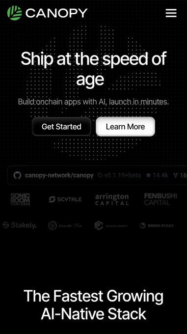 The image shows the Canopy Network (CNPY) website with the tagline "Ship at the speed of age" and the claim "The Fastest Growing AI-Native Stack," displaying version v0.1.19+beta, 14.4k stars, and 16 forks on the canopy-network/canopy repository. It directly supports the post's message about Appchains giving every app its own dedicated chain, as Canopy's branding emphasizes launching onchain apps with AI in minutes—aligning with the idea that apps don't need to compete for shared blockspace but rather get purpose-built infrastructure for their own performance needs.