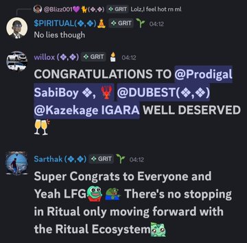 The image shows a black background with two posts displayed side by side. The first post has a white background, while the second post has a dark one. Both posts contain text that congratulates people for getting upgraded or for being part of the community. They also include emojis and gifs to express their appreciation. One of the posts mentions that there is no stopping someone from moving forward with the @ritualnet ecosystem. The posts are arranged in two columns, with each column having a different background color.