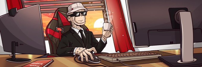 A cartoon illustration of a bearded man in a black suit, white bucket hat, and sunglasses, smoking a cigarette while using a computer mouse and holding a coffee cup at a desk with two monitors.