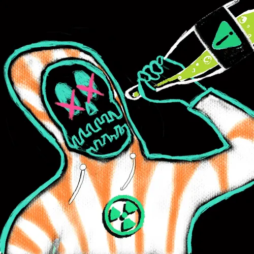 Colorful, stylized digital drawing on a black background showing an orange and white striped character with a glowing teal radiation symbol on its face, receiving a drink poured from a black bottle.
