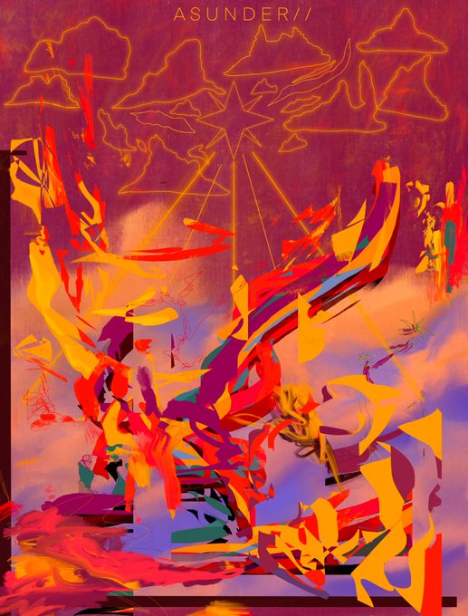 An abstract digital artwork with bold red, orange, yellow, and purple strokes, featuring the text 'ASUNDER//' at the top.