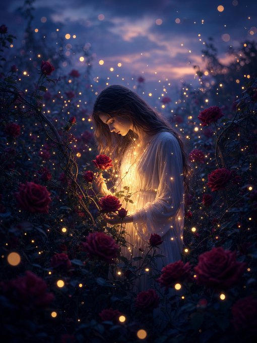 A woman in a white dress stands among red roses at dusk, illuminated by a warm glow from her hands and surrounded by floating orbs of light.
