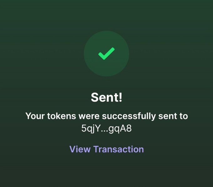 A green confirmation screen displaying "Sent! Your tokens were successfully sent to 5qjY...gqA8" with a checkmark and View Transaction option.