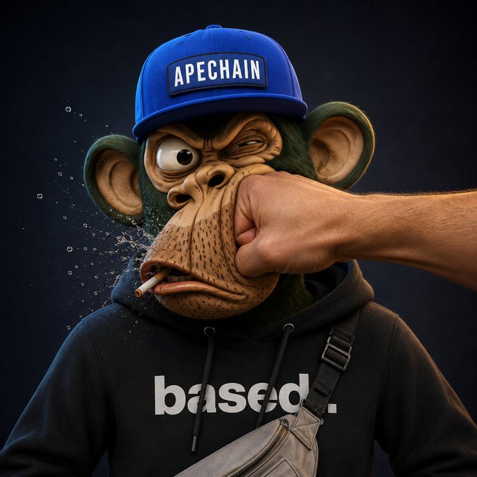 A 3D-rendered ape-like character wearing a blue "APECHAIN" cap and a black hoodie with the text "based.", with a human fist punching the character in the face.