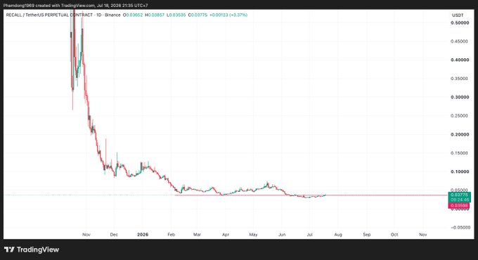 A TradingView chart for REEALL / TetherUS on Binance (1D), showing a steep price decline from late 2025 through 2026, with a current price of 0.038887.