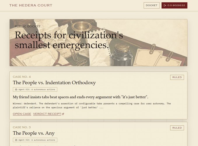 A webpage for 'THE HEDERA COURT' featuring a 'PUBLIC DOCKET' titled 'Receipts for civilization's smallest emergencies,' with cases including 'Case No. 4: The People vs. Indentation Orthodoxy' and a 'DOCKET' value of '0.002922'.