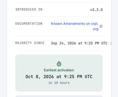 The image displays an XRPL amendment status panel showing version v3.3.0, with "Known Amendments on xrp-ledger" documentation, indicating the amendment has been majority since September 24, 2026, at 9:25 PM UTC, with the earliest activation set for October 8, 2026, at 9:25 PM UTC (in 10 hours). This relates to the post about XRPL's Permission Delegation feature going live, highlighting the upcoming activation timeline for this institutional-focused upgrade.