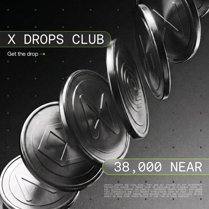 A sleek promotional graphic for the X Drops Club features metallic NEAR tokens cascading diagonally across a dark background, prominently displaying "X DROPS CLUB," "Get the drop," and "38,000 NEAR," directly highlighting the NEAR prize pool mentioned in the accompanying announcement about the Europe's crypto drop giveaway.