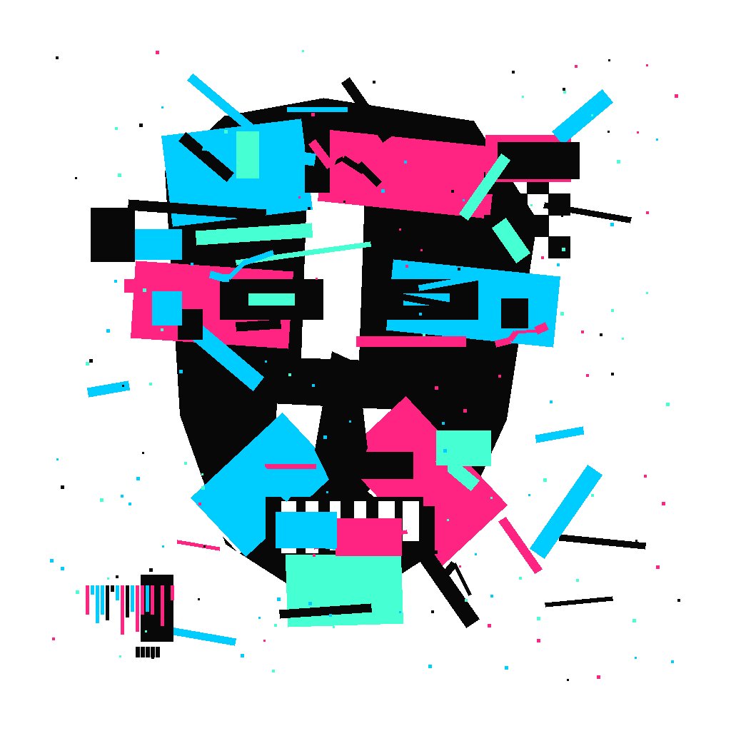 The image features a face made up of various geometric shapes, including squares, rectangles, triangles, and circles, all in different colors such as pink, blue, green, and black. The face appears distorted or abstracted due to the use of these shapes and colors. The caption below the image reads "▓▒░ CORRUPTED ░▒▓ Mint details soon Drop your EVM address". This suggests that there might be some sort of error or distortion in the image, possibly caused by a technical issue with the post or an incorrect caption provided.