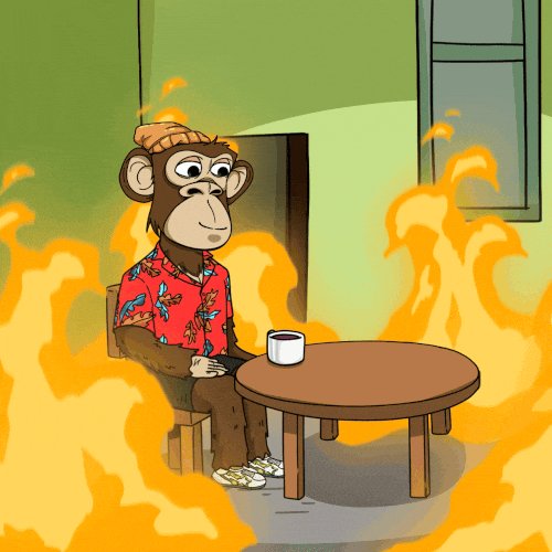 A cartoon monkey sitting at a table with a cup of coffee, wearing a red shirt and hat.
