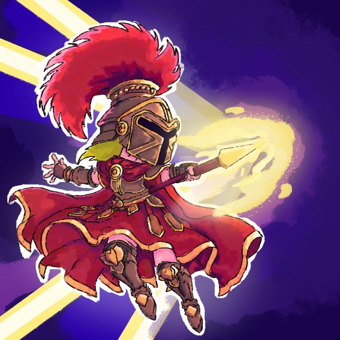 A 2D cartoon illustration of an armored warrior with a red plumed helmet and red cape, wielding a glowing yellow spear-like weapon against a purple background.