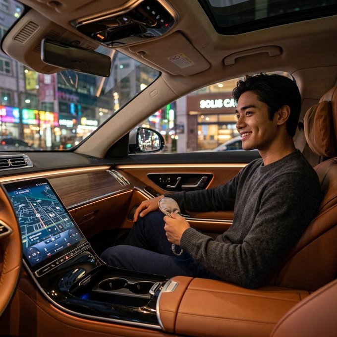 A young man smiling while sitting in the driver's seat of a luxury car interior with brown leather seats and ambient lighting, with city lights visible through the windows at night.