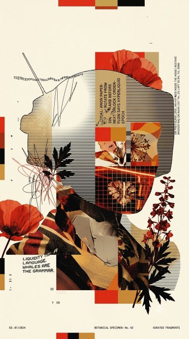 An artistic collage featuring a stylized silhouette of a head filled with flowers, leaves, and geometric patterns in red, yellow, and earth tones, with text including 'LIQUIDITY LANGUAGE WHALES ARE THE GRAMMAR' and 'BOTANICAL SPECIMEN No. 42'.