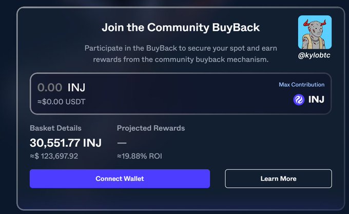 A cryptocurrency community BuyBack interface showing 0.00 INJ contribution with basket details of 30,551.77 INJ (~$123,697.92), approximately 19.88% ROI, and a '@kylobtc' profile.