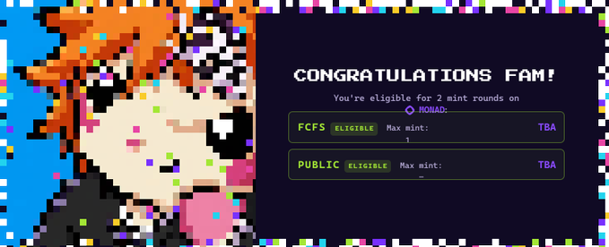 A pixelated congratulations screen reads 'CONGRATULATIONS FAM! You're eligible for 2 mint rounds on NOMAD' with 'FCFS ELIGIBLE' and 'PUBLIC ELIGIBLE' entries listed.