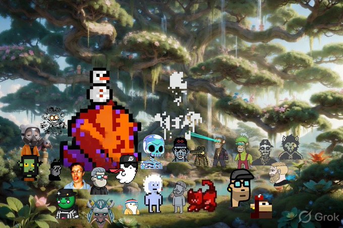 A Grok-generated fantasy scene featuring various NFT-style characters and avatars from crypto/cartoon culture gathered in a lush forest landscape with a large tree in the background.