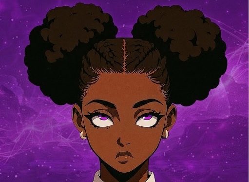 A digital illustration depicts a young woman with dark skin, purple eyes, and double afro puffs against a purple starry cosmic background.