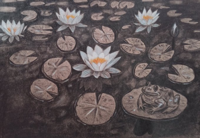 A painting of a dark pond covered with lily pads, featuring three white water lilies in bloom and a frog sitting on a pad in the lower right corner.