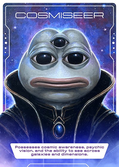 A digital tarot card titled 'COSMISEER' featuring a grey alien-like creature with multiple eyes wearing a dark cloak, with the description 'Possesses cosmic awareness, psychic vision, and the ability to see across galaxies and dimensions.'