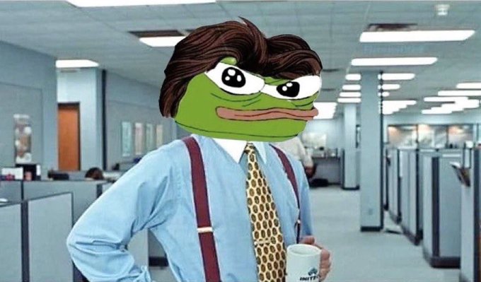 Meme image featuring a Pepe the Frog character with brown hair wearing a blue dress shirt, leopard print tie, and suspenders, holding a mug in an office cubicle setting.