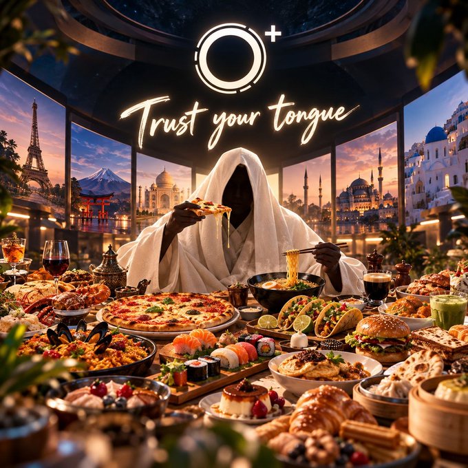 A promotional image featuring the text 'Trust your tongue' with a hooded figure eating pizza and noodles amid a global food spread with landmarks like the Eiffel Tower, Taj Mahal, and Mt. Fuji in the background.