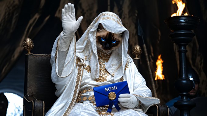 A Siamese cat with striking blue eyes sits regally on a throne wearing an ornate white and gold robe, raising one white-gloved paw while holding a blue envelope labeled 'BOMI'.