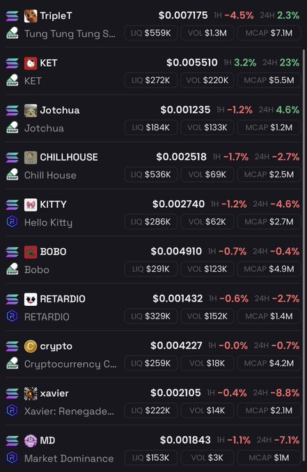 A cryptocurrency meme coin listing screen showing tokens like TripleT, KET, Jotchua, CHILLHOUSE, KITTY, BOBO, RETARDIO, and crypto with their prices, 24h changes, liquidity, volume, and market cap.