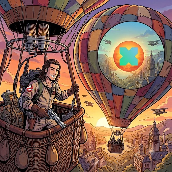 A colorful digital illustration depicts a smiling adventurer in a Ghostbusters-style jumpsuit with a proton pack gun, riding in the basket of a hot air balloon over a steampunk-style city, with another balloon in the distance displaying an 'X' symbol.