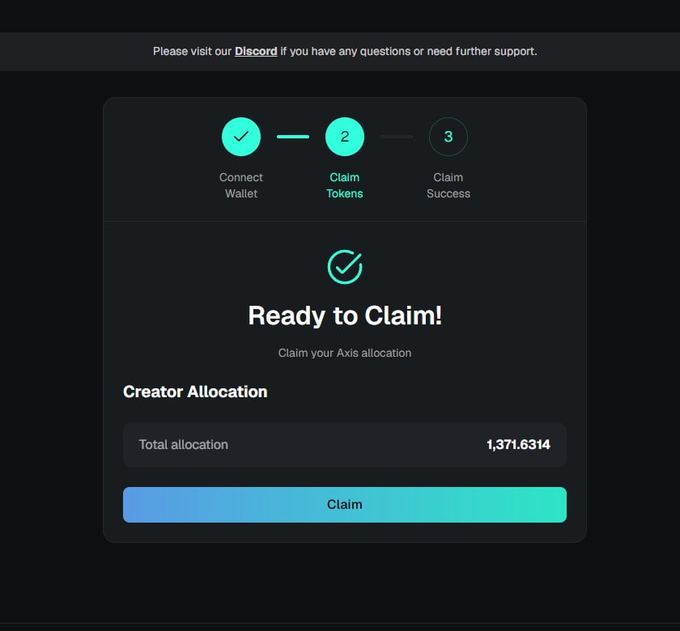 Dark token-claim page with a three-step progress tracker and the heading “Ready to Claim!” under “Creator Allocation,” listing “Total allocation 1,371.6314.”