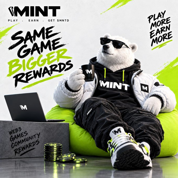 An advertisement for MINT featuring a polar bear mascot in streetwear holding a mug, with text reading 'SAME GAME BIGGER REWARDS', 'PLAY MORE EARN MORE', and 'WEB3 GAMES COMMUNITY REWARDS'.