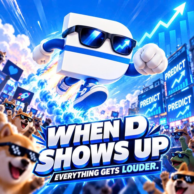A vibrant digital illustration featuring an anthropomorphic mail/package box character wearing sunglasses and running forward, with the text 'WHEN D SHOWS UP EVERYTHING GETS LOUDER.' surrounded by excited animals and 'PREDICT' stock charts.